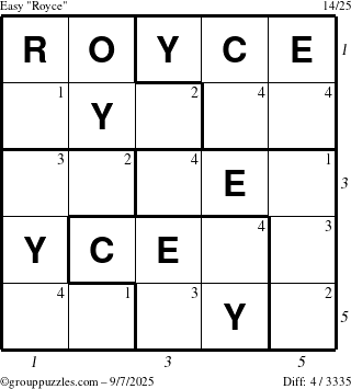 The grouppuzzles.com Easy Royce puzzle for Sunday September 7, 2025 with all 4 steps marked