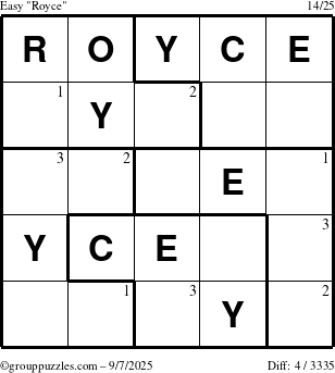 The grouppuzzles.com Easy Royce puzzle for Sunday September 7, 2025 with the first 3 steps marked