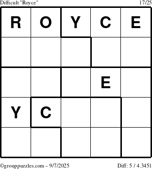 The grouppuzzles.com Difficult Royce puzzle for Sunday September 7, 2025