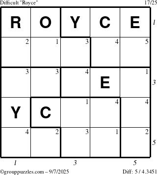 The grouppuzzles.com Difficult Royce puzzle for Sunday September 7, 2025 with all 5 steps marked