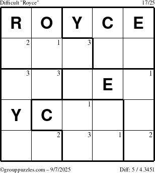 The grouppuzzles.com Difficult Royce puzzle for Sunday September 7, 2025 with the first 3 steps marked