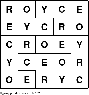 The grouppuzzles.com Answer grid for the Royce puzzle for Sunday September 7, 2025