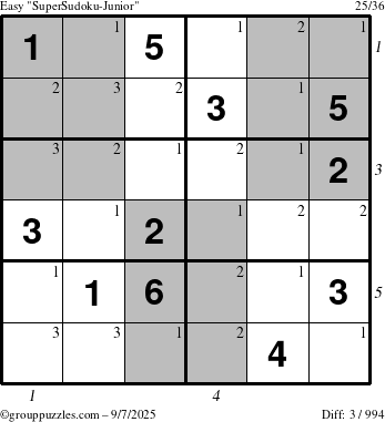 The grouppuzzles.com Easy SuperSudoku-Junior puzzle for Sunday September 7, 2025 with all 3 steps marked