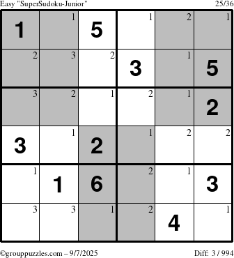 The grouppuzzles.com Easy SuperSudoku-Junior puzzle for Sunday September 7, 2025 with the first 3 steps marked