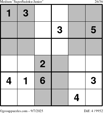 The grouppuzzles.com Medium SuperSudoku-Junior puzzle for Sunday September 7, 2025