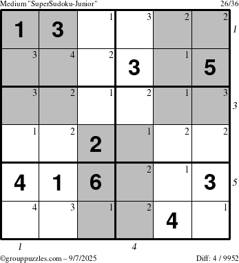 The grouppuzzles.com Medium SuperSudoku-Junior puzzle for Sunday September 7, 2025 with all 4 steps marked