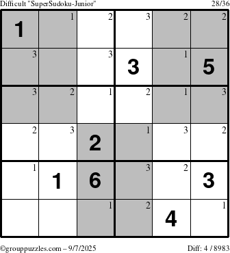 The grouppuzzles.com Difficult SuperSudoku-Junior puzzle for Sunday September 7, 2025 with the first 3 steps marked