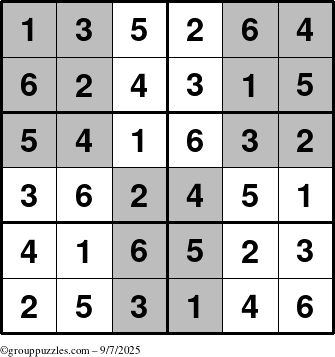 The grouppuzzles.com Answer grid for the SuperSudoku-Junior puzzle for Sunday September 7, 2025