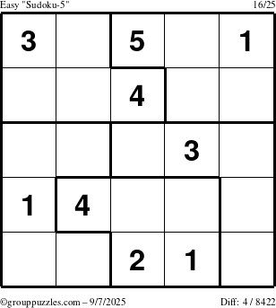 The grouppuzzles.com Easy Sudoku-5 puzzle for Sunday September 7, 2025