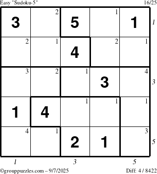 The grouppuzzles.com Easy Sudoku-5 puzzle for Sunday September 7, 2025 with all 4 steps marked
