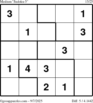 The grouppuzzles.com Medium Sudoku-5 puzzle for Sunday September 7, 2025