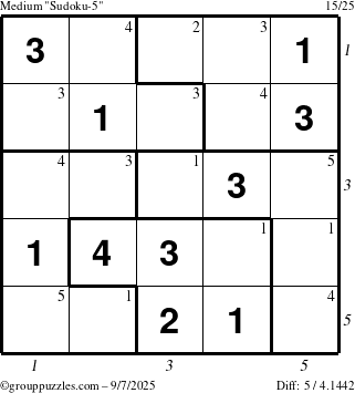 The grouppuzzles.com Medium Sudoku-5 puzzle for Sunday September 7, 2025 with all 5 steps marked