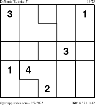 The grouppuzzles.com Difficult Sudoku-5 puzzle for Sunday September 7, 2025