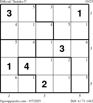 The grouppuzzles.com Difficult Sudoku-5 puzzle for Sunday September 7, 2025 with all 6 steps marked