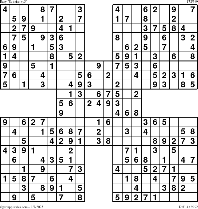 The grouppuzzles.com Easy Sudoku-by5 puzzle for Sunday September 7, 2025