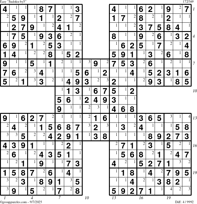 The grouppuzzles.com Easy Sudoku-by5 puzzle for Sunday September 7, 2025 with all 4 steps marked