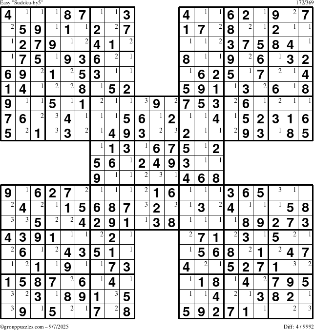 The grouppuzzles.com Easy Sudoku-by5 puzzle for Sunday September 7, 2025 with the first 3 steps marked