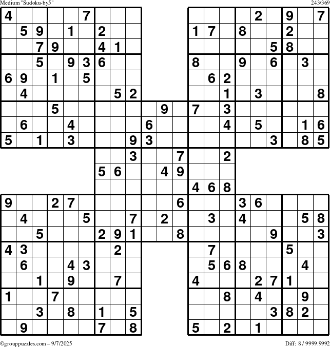 The grouppuzzles.com Medium Sudoku-by5 puzzle for Sunday September 7, 2025
