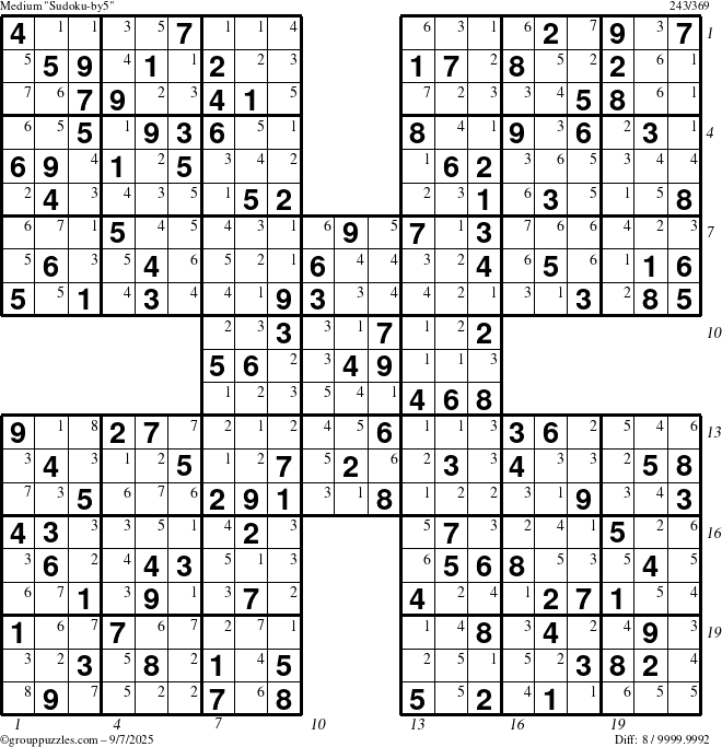 The grouppuzzles.com Medium Sudoku-by5 puzzle for Sunday September 7, 2025 with all 8 steps marked