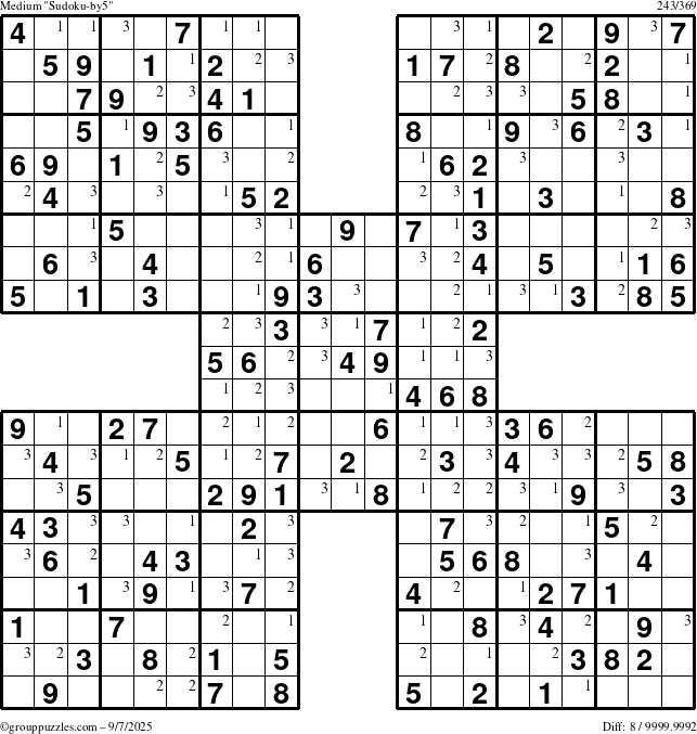 The grouppuzzles.com Medium Sudoku-by5 puzzle for Sunday September 7, 2025 with the first 3 steps marked