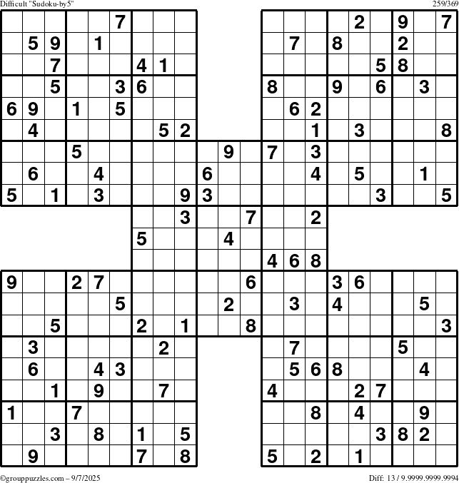 The grouppuzzles.com Difficult Sudoku-by5 puzzle for Sunday September 7, 2025