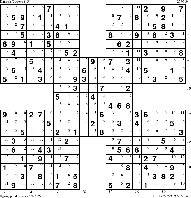 The grouppuzzles.com Difficult Sudoku-by5 puzzle for Sunday September 7, 2025 with all 13 steps marked