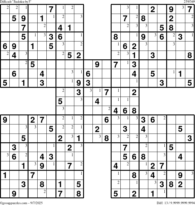 The grouppuzzles.com Difficult Sudoku-by5 puzzle for Sunday September 7, 2025 with the first 3 steps marked