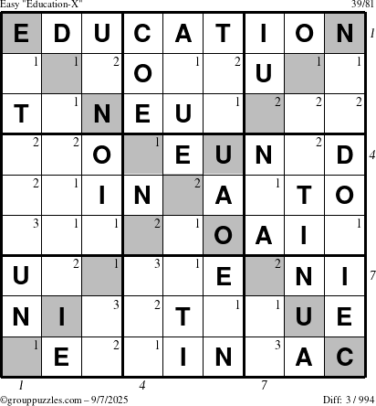 The grouppuzzles.com Easy Education-X puzzle for Sunday September 7, 2025 with all 3 steps marked