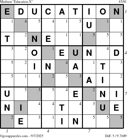 The grouppuzzles.com Medium Education-X puzzle for Sunday September 7, 2025, suitable for printing, with all 5 steps marked