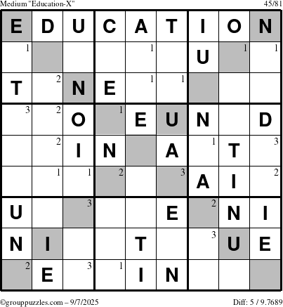 The grouppuzzles.com Medium Education-X puzzle for Sunday September 7, 2025 with the first 3 steps marked