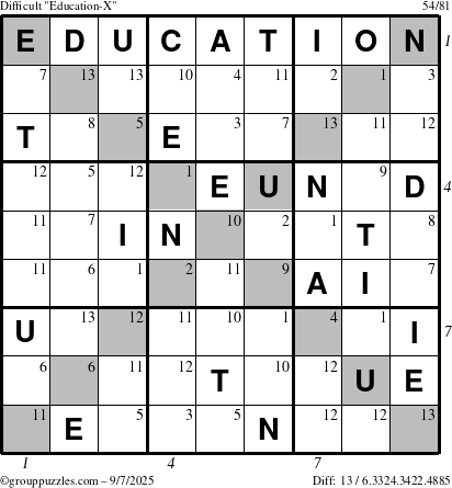 The grouppuzzles.com Difficult Education-X puzzle for Sunday September 7, 2025 with all 13 steps marked