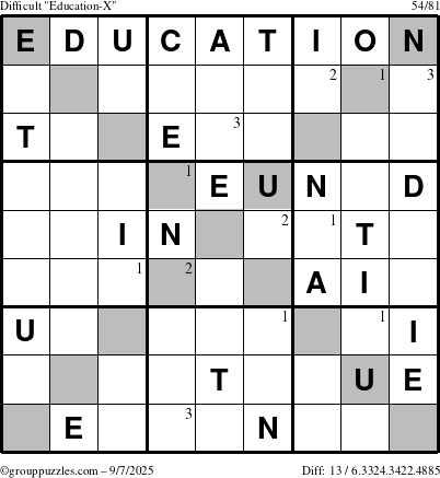The grouppuzzles.com Difficult Education-X puzzle for Sunday September 7, 2025 with the first 3 steps marked