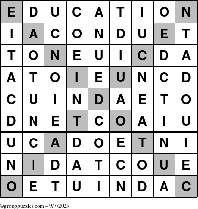 The grouppuzzles.com Answer grid for the Education-X puzzle for Sunday September 7, 2025