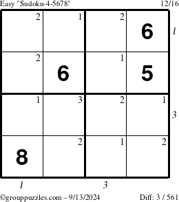 The grouppuzzles.com Easy Sudoku-4-5678 puzzle for Friday September 13, 2024, suitable for printing, with all 3 steps marked