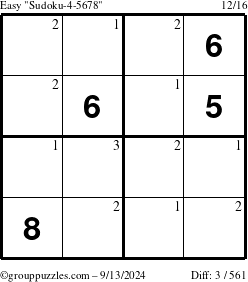 The grouppuzzles.com Easy Sudoku-4-5678 puzzle for Friday September 13, 2024 with the first 3 steps marked