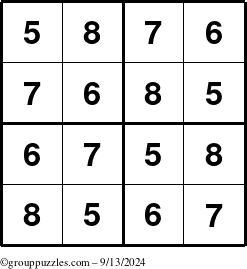 The grouppuzzles.com Answer grid for the Sudoku-4-5678 puzzle for Friday September 13, 2024