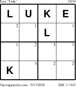 The grouppuzzles.com Easy Luke puzzle for Friday September 13, 2024 with the first 3 steps marked