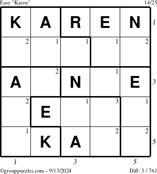 The grouppuzzles.com Easy Karen puzzle for Friday September 13, 2024 with all 3 steps marked