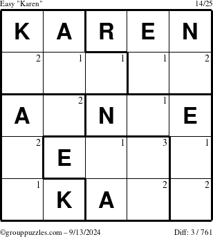 The grouppuzzles.com Easy Karen puzzle for Friday September 13, 2024 with the first 3 steps marked