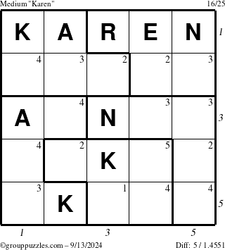 The grouppuzzles.com Medium Karen puzzle for Friday September 13, 2024 with all 5 steps marked