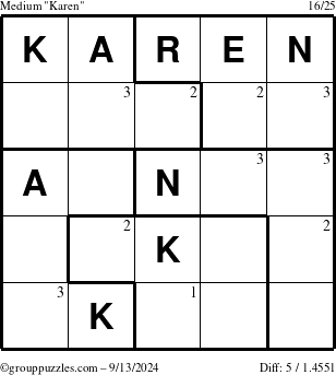 The grouppuzzles.com Medium Karen puzzle for Friday September 13, 2024 with the first 3 steps marked