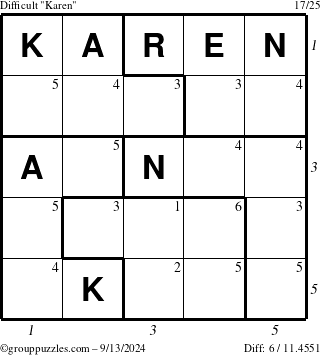 The grouppuzzles.com Difficult Karen puzzle for Friday September 13, 2024 with all 6 steps marked