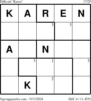 The grouppuzzles.com Difficult Karen puzzle for Friday September 13, 2024 with the first 3 steps marked