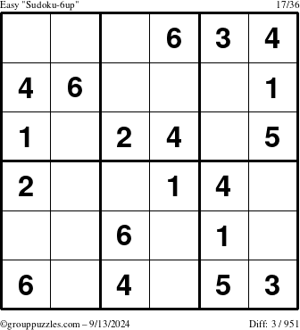 The grouppuzzles.com Easy Sudoku-6up puzzle for Friday September 13, 2024