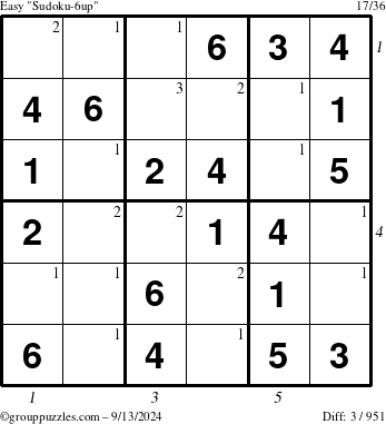 The grouppuzzles.com Easy Sudoku-6up puzzle for Friday September 13, 2024 with all 3 steps marked