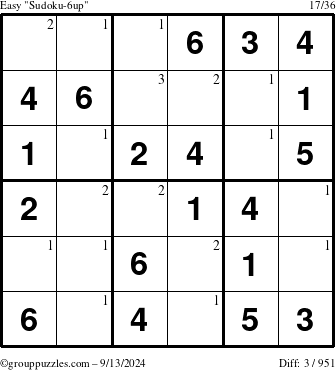 The grouppuzzles.com Easy Sudoku-6up puzzle for Friday September 13, 2024 with the first 3 steps marked