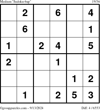 The grouppuzzles.com Medium Sudoku-6up puzzle for Friday September 13, 2024