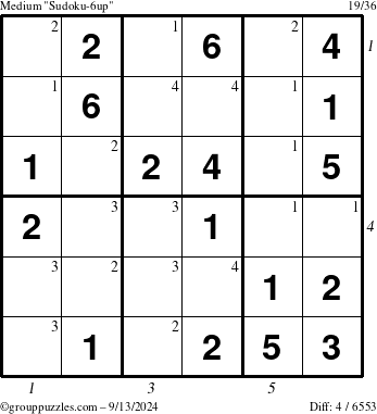 The grouppuzzles.com Medium Sudoku-6up puzzle for Friday September 13, 2024 with all 4 steps marked