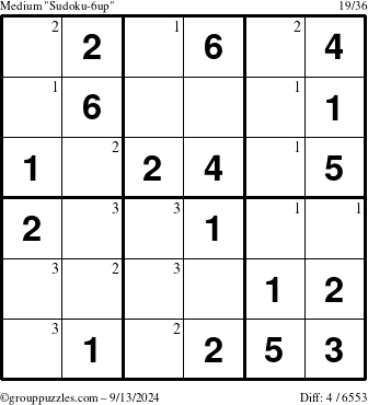 The grouppuzzles.com Medium Sudoku-6up puzzle for Friday September 13, 2024 with the first 3 steps marked