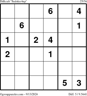 The grouppuzzles.com Difficult Sudoku-6up puzzle for Friday September 13, 2024